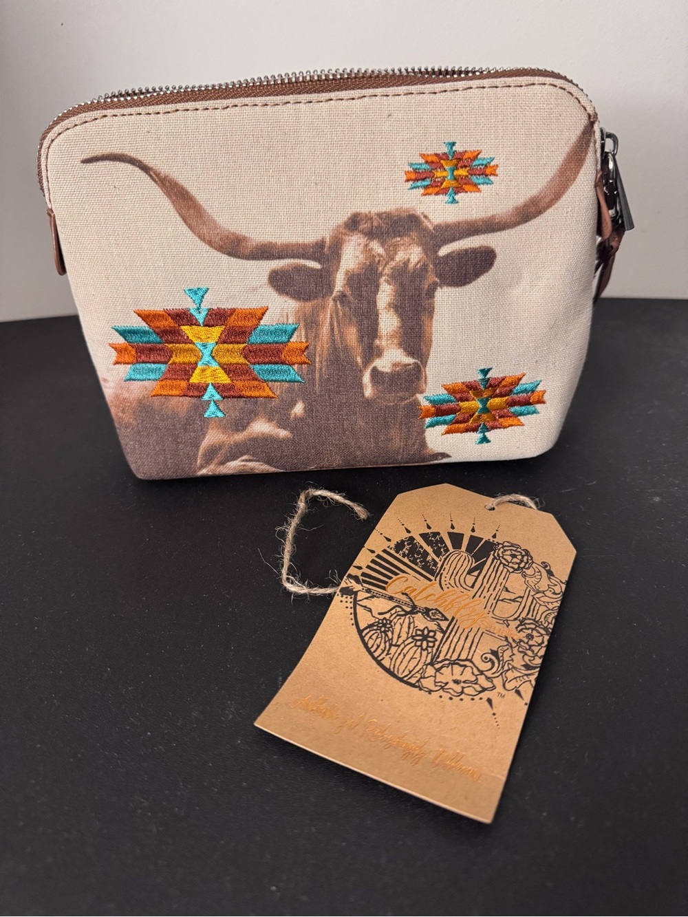 Canvas Longhorn Zip Card Holder in Cream with Turquoise & Orange Embroidery